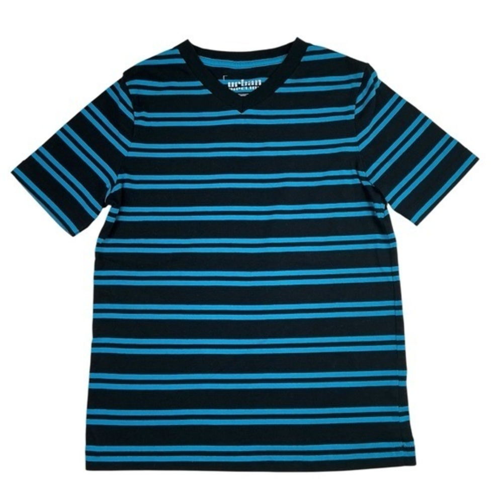Urban Pipeline Striped Tee Shirt Black‎ with Blue Stripes V Neck Short Sleeve